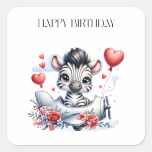 Sticker Carré Carte d'anniversaire Zèbre Avion