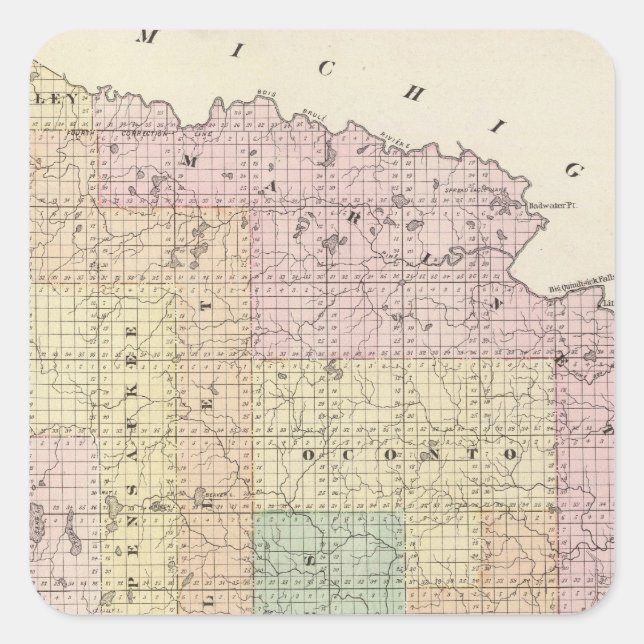 Sticker Carré Carte de la partie nord du comté d'Oconto (Devant)