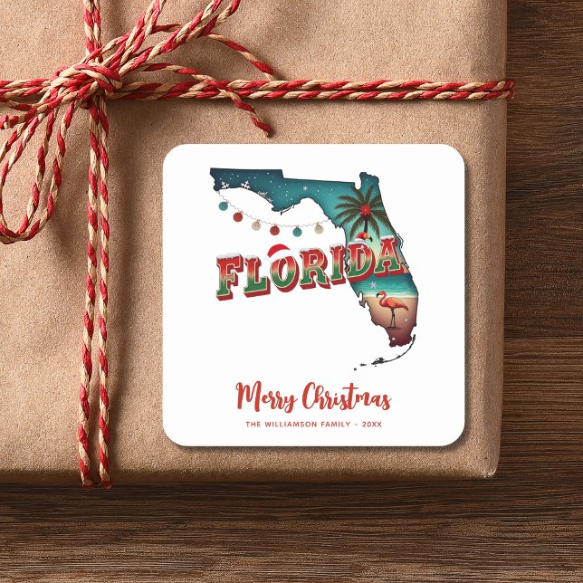 Sticker Carré Carte de Noël de l'État de Floride (Personalize greeting , Name, year.  Matching items in collection.
)