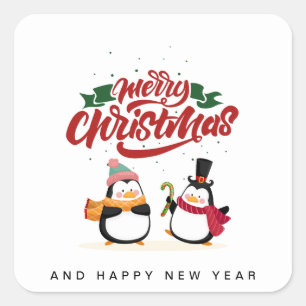 Sticker Carré Carte de Noël drôle de pingouin, Joyeux Noël