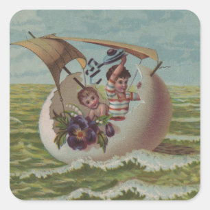 Sticker Carré Carte de Pâques Antique OEufs de voile Enfants