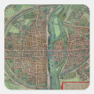 Sticker Carré Carte de Paris, de "Civitates Orbis Terrarum" par