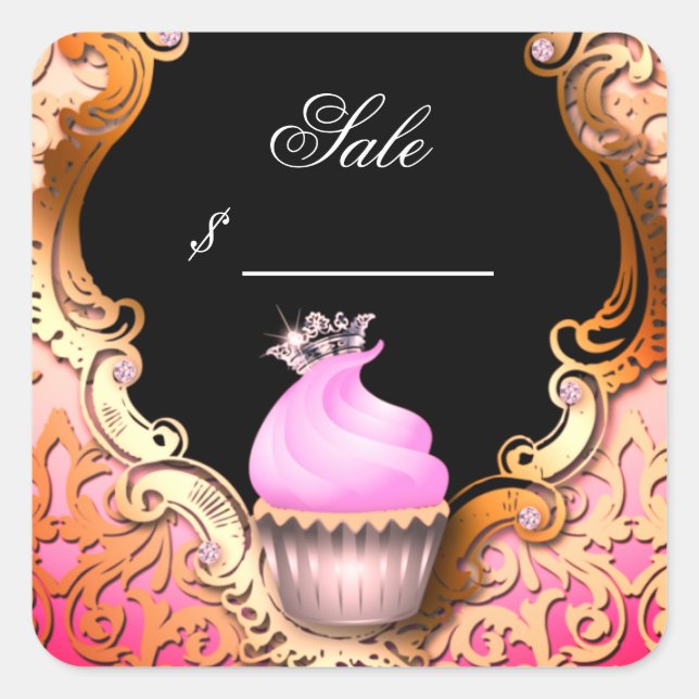 Sticker Carré Carte de visite Cupcake Élégant Damask Rose Noir (Devant)