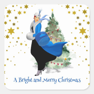 Sticker Carré Carte de vœux de Noël Vintage Lady in Blue