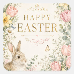 Sticker Carré Carte de vœux de Pâques lapin aquarelle, Pastel