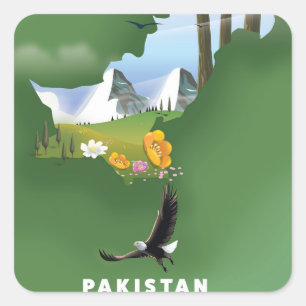 Sticker Carré Carte de voyage illustrée du Pakistan.