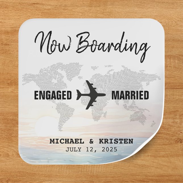 Sticker Carré Carte d'embarquement Ocean Sunset Destination Mari (Boarding Pass Ocean Sunset Destination Wedding Square Sticker
)