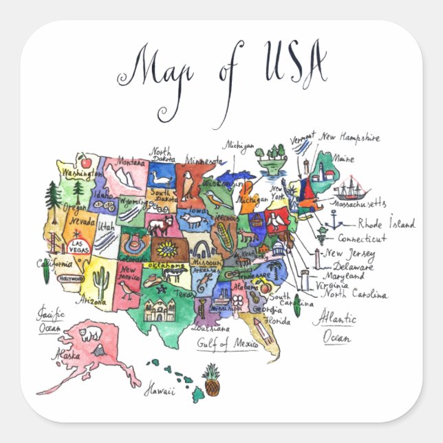 Sticker Carré Carte des attractions des États-Unis d'Amérique (Devant)