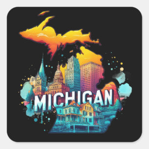 Sticker Carré Carte d'état Retro Vintage Michigan
