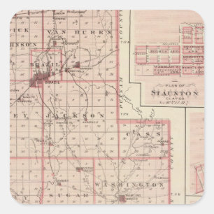 Sticker Carré Carte du comté de Clay avec Staunton, Harmony