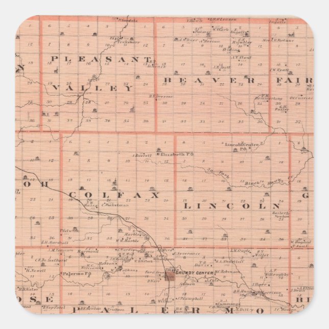 Sticker Carré Carte du comté de Grundy, État de l'Iowa (Devant)