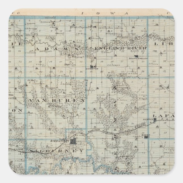 Sticker Carré Carte du comté de Keokuk, État de l'Iowa (Devant)