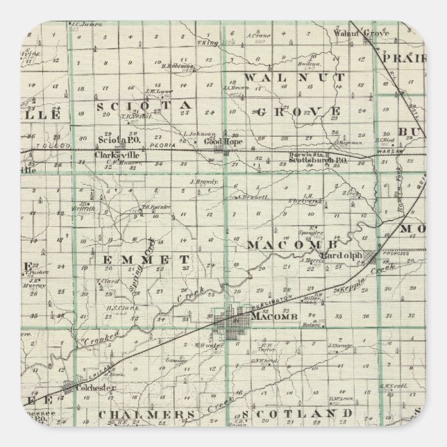 Sticker Carré Carte du comté de McDonough, Rushville (Devant)