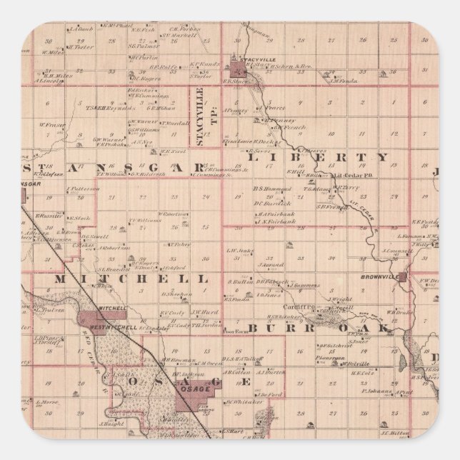 Sticker Carré Carte du comté de Mitchell, État de l'Iowa (Devant)