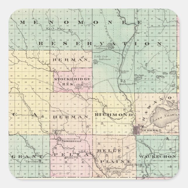 Sticker Carré Carte du comté de Shawano, État du Wisconsin (Devant)