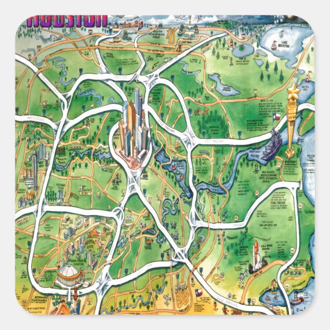 Sticker Carré Carte du dessin animé de Houston au Texas (Devant)