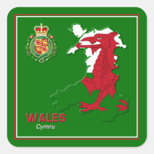 Sticker Carré Carte du drapeau du Pays de Galles et insigne roya