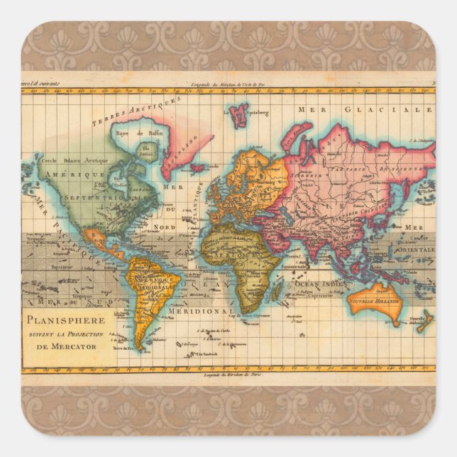 Sticker Carré Carte du monde 1700s Antique Continents (Devant)