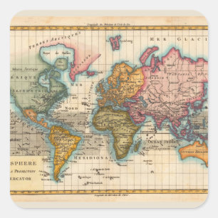 Sticker Carré Carte du Monde 1780 Bonne Antique Planisphère 