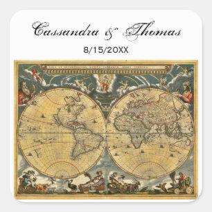 Sticker Carré Carte du monde antique Phoques de l'enveloppe Whit