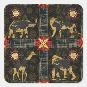 Sticker Carré Carte du monde Safari bleu rouge or animaux africa