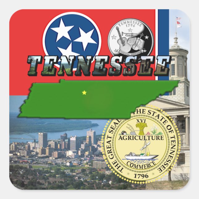 Sticker Carré Carte du Tennessee, Drapeau, sceau d'état et photo (Devant)