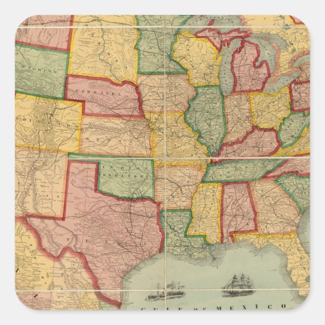 Sticker Carré Carte ferroviaire de l'Union américaine des États- (Devant)