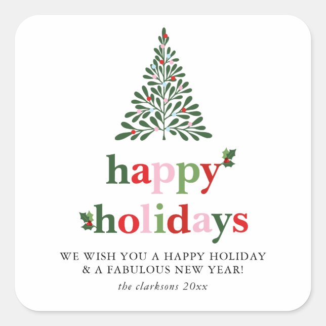 Sticker Carré Carte Holiday Holly Merry & Bright (Devant)