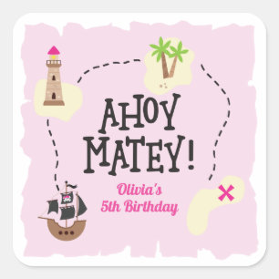 Sticker Carré Carte Pirate Anniversaire rose