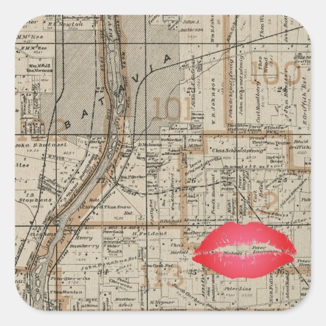 Sticker Carré Carte Plat Batavia Illinois 1870 Fox River Valley (Devant)