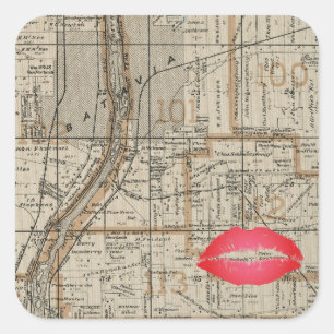 Sticker Carré Carte Plat Batavia Illinois 1870 Fox River Valley