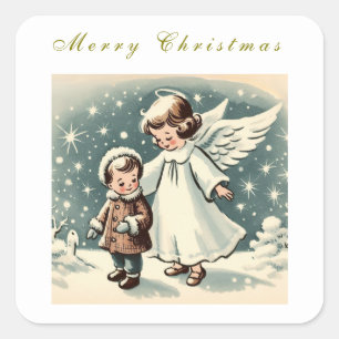 Sticker Carré Carte plate vintage Noël Ange et Enfant