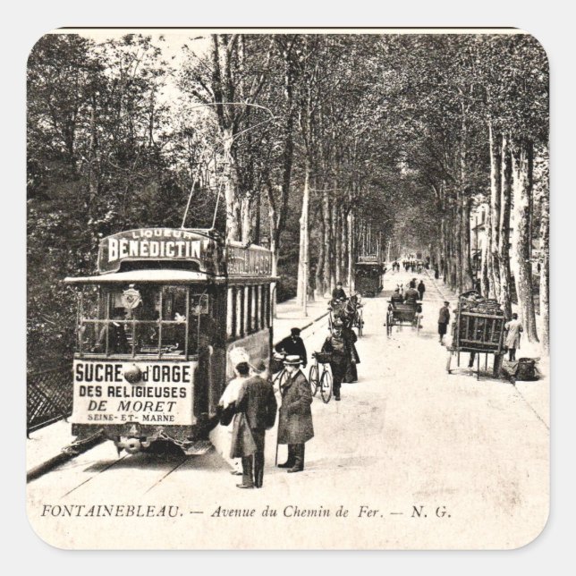 Sticker Carré Carte postale vintage, Tramway à Fontainbleau, (Devant)