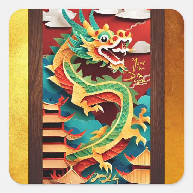 Sticker Carré Carte Sq Origami Dragon Nouvel An Chinois (Devant)