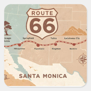 Sticker Carré Carte vintage de la route 66 avec des villes histo