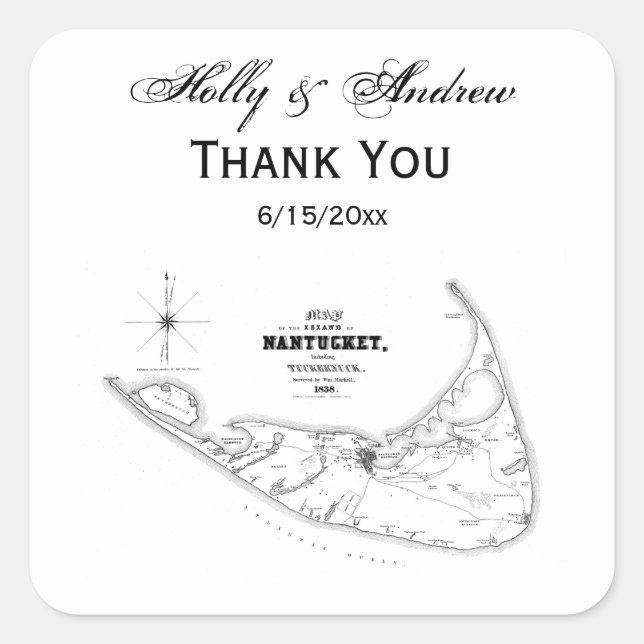Sticker Carré Carte Vintage de l'île Nantucket (Devant)