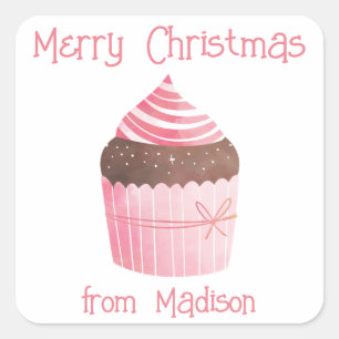 Sticker Carré Cartes-Cadeaux de Noël Cupcake Watercolor