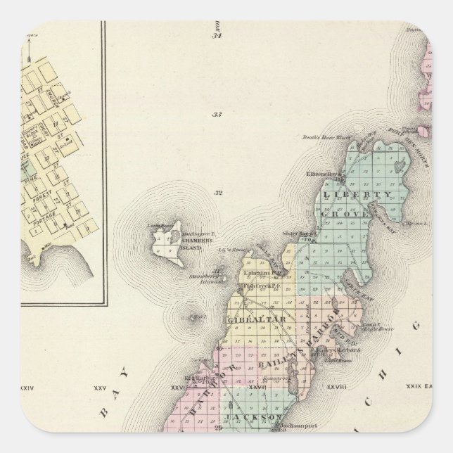 Sticker Carré Cartes du comté de Door, baie d'esturgeon et de (Devant)