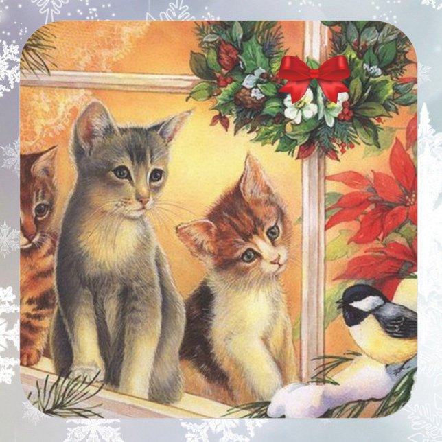 Sticker Carré Cartes mignonnes de chatons de Noël oiseaux observ (Créateur téléchargé)