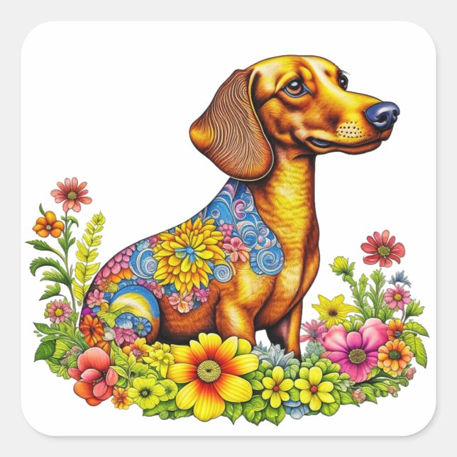 Sticker Carré Carton mignon AI Dachshund Chien (Devant)