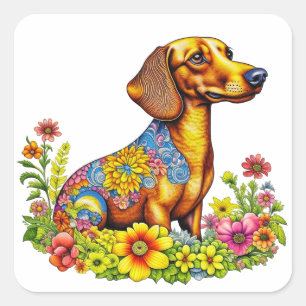 Sticker Carré Carton mignon AI Dachshund Chien