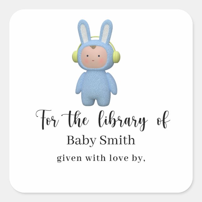 Sticker Carré cartoon boy rabbit Baby Shower Library (Devant)
