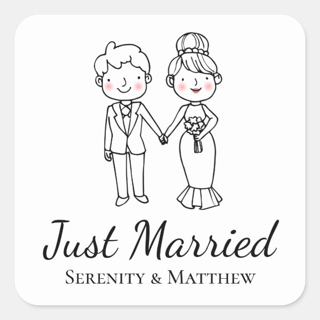 Sticker Carré Cartoon Bride Groom Black White Just Married (Devant)