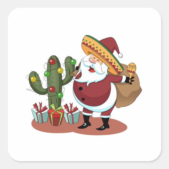 Sticker Carré Cartoon cactus and Santa Claus wearing a sombrero (Devant)