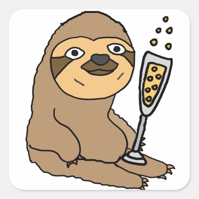 Sticker Carré Cartoon de champagne cool Sloth Boire (Devant)