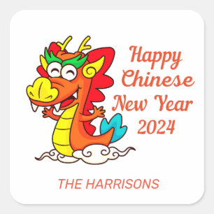 Sticker Carré Cartoon de dragon doux coloré Nouvel An chinois