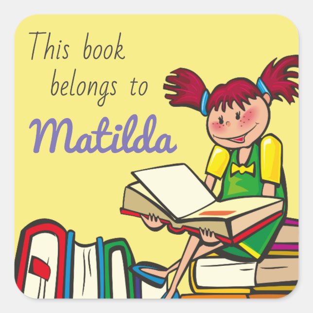 Sticker Carré Cartoon Girl Reading Book Belong's to Personalized (Devant)