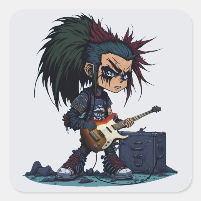 Sticker Carré Cartoon Grunge Punk Rock Et Roll Guitare Amp Cool (Devant)