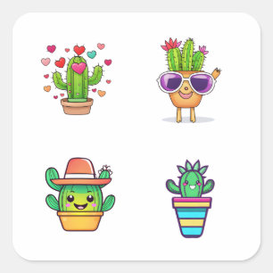 Sticker Carré Cartoon mignonne Cactus Funny 4 Pack