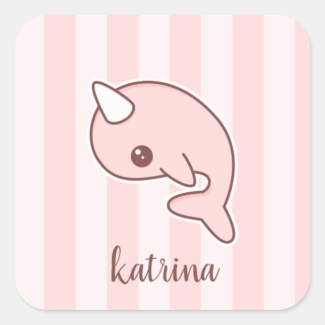 Sticker Carré Cartoon Rose Cute Narwhal Avec rayures (Devant)
